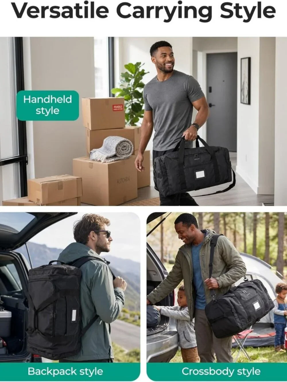 60L Foldable Duffle Bag - Large Travel Backpack & Weekender Bag, Army Green